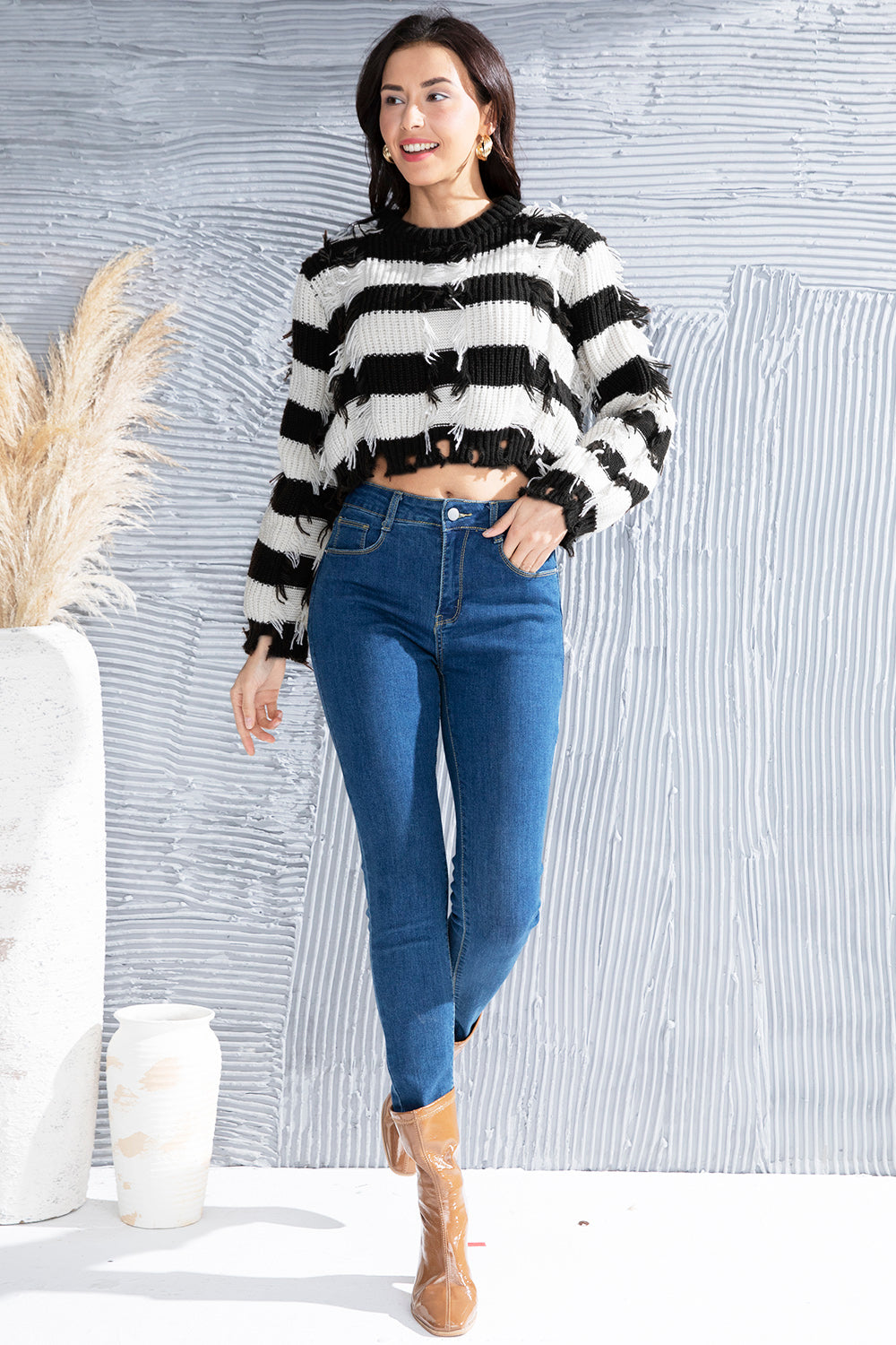 Striped Fringe Round Neck Sweater