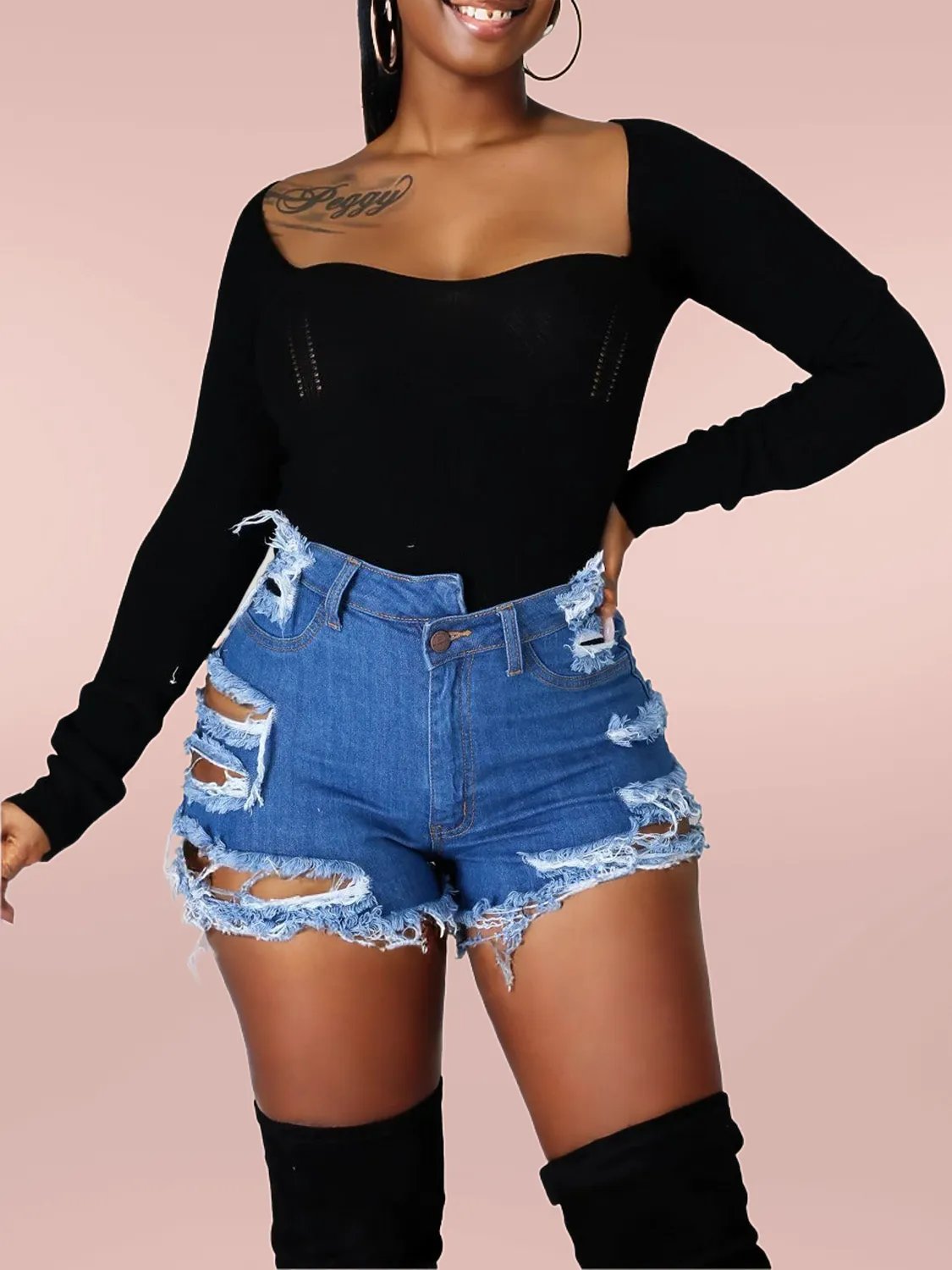 Distressed Raw Hem Denim Shorts with Pockets