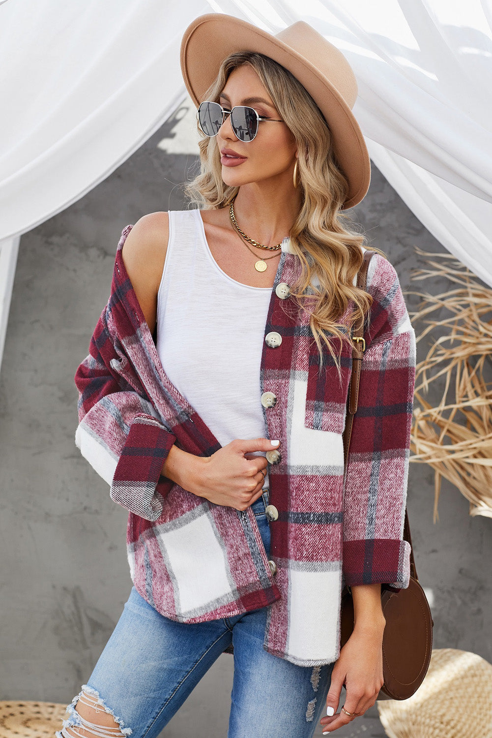 Plaid Button Up Dropped Shoulder Jacket