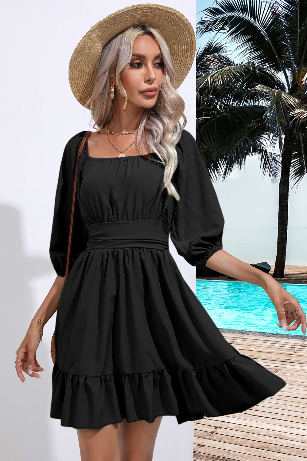 Square Neck Tie Back Ruffle Hem Dress