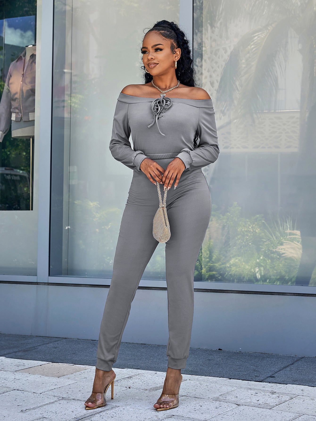 Lace-Up Off-Shoulder Long Sleeve Jumpsuit