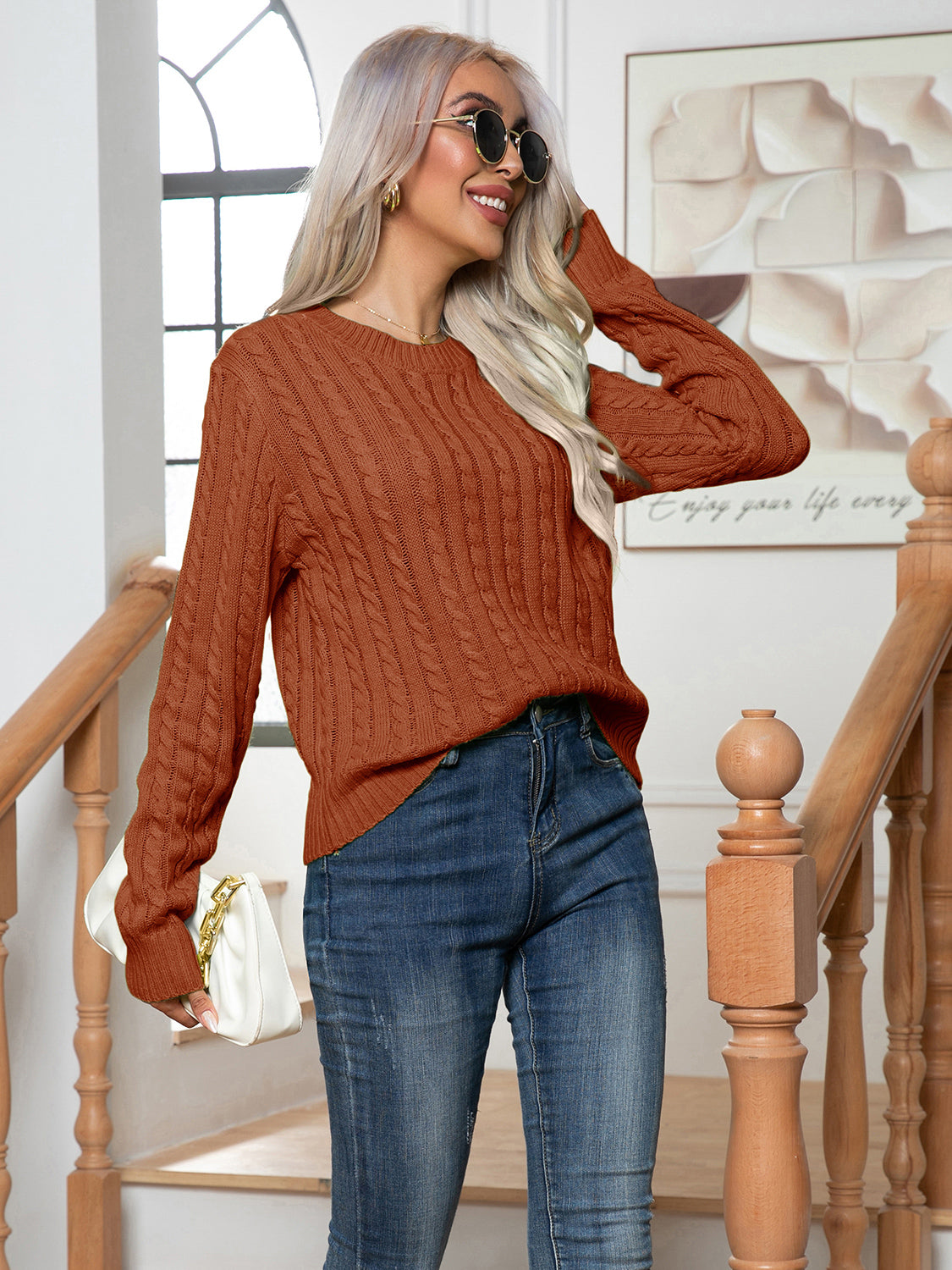 Cable-Knit Round Neck Long Sleeve Sweater