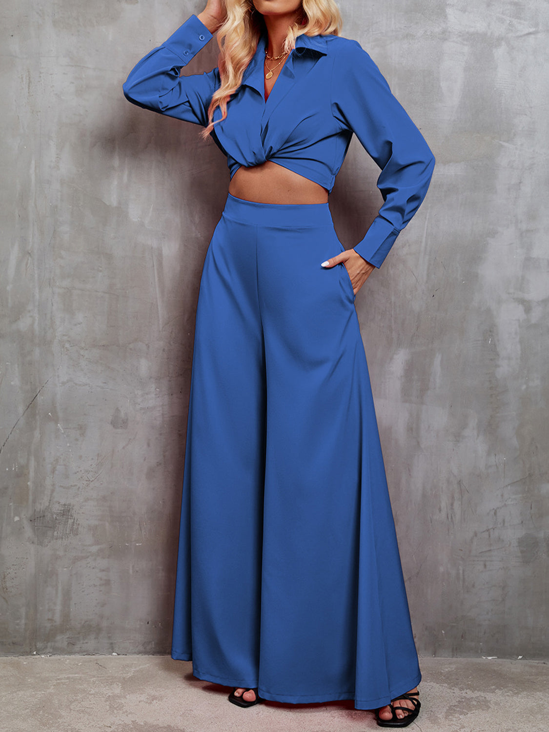 Collared Neck Long Sleeve Top and Wide Leg Pants Set