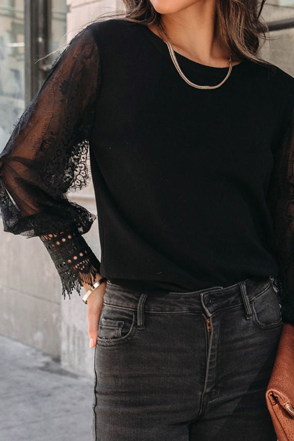 Lace Detail Mesh Lantern Sleeve Blouse