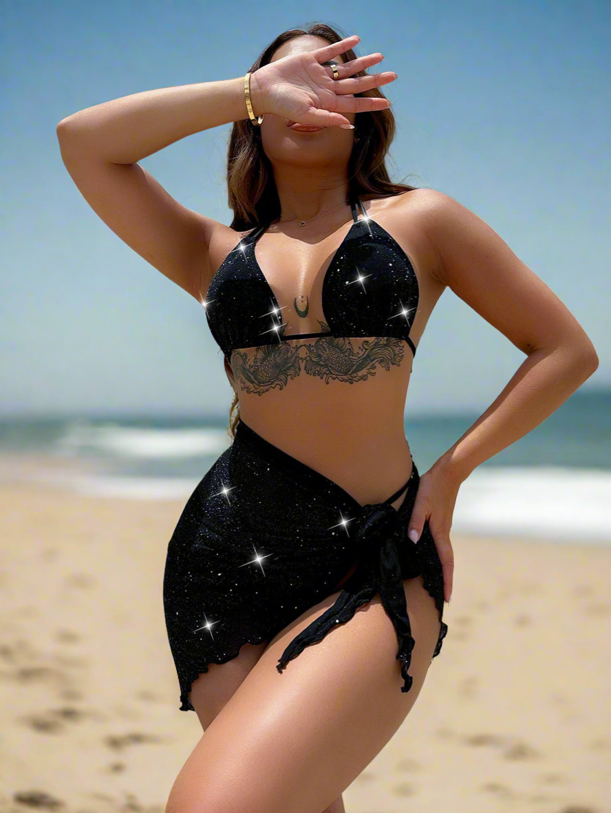 Glitter Halter Neck Backless Three-Piece Swim Set