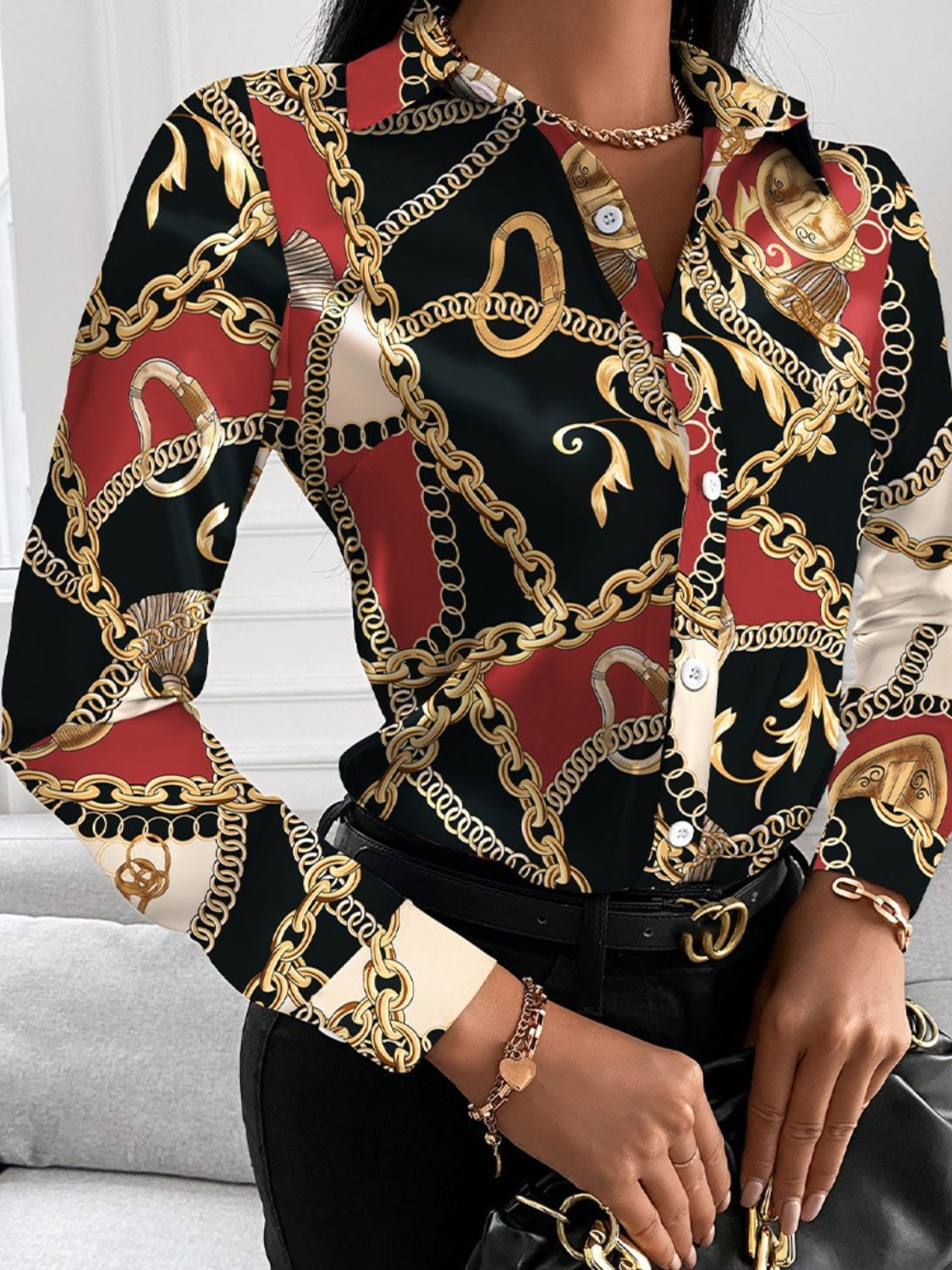 Printed Collared Neck Long Sleeve Shirt