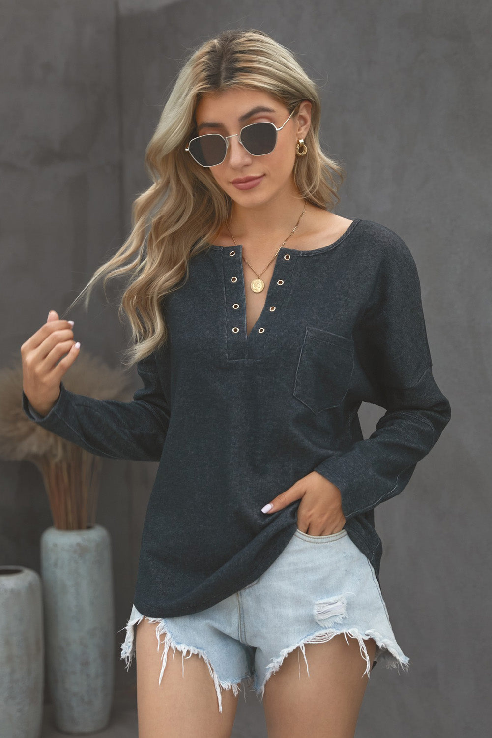 Grommet Long Sleeve V-Neck Top