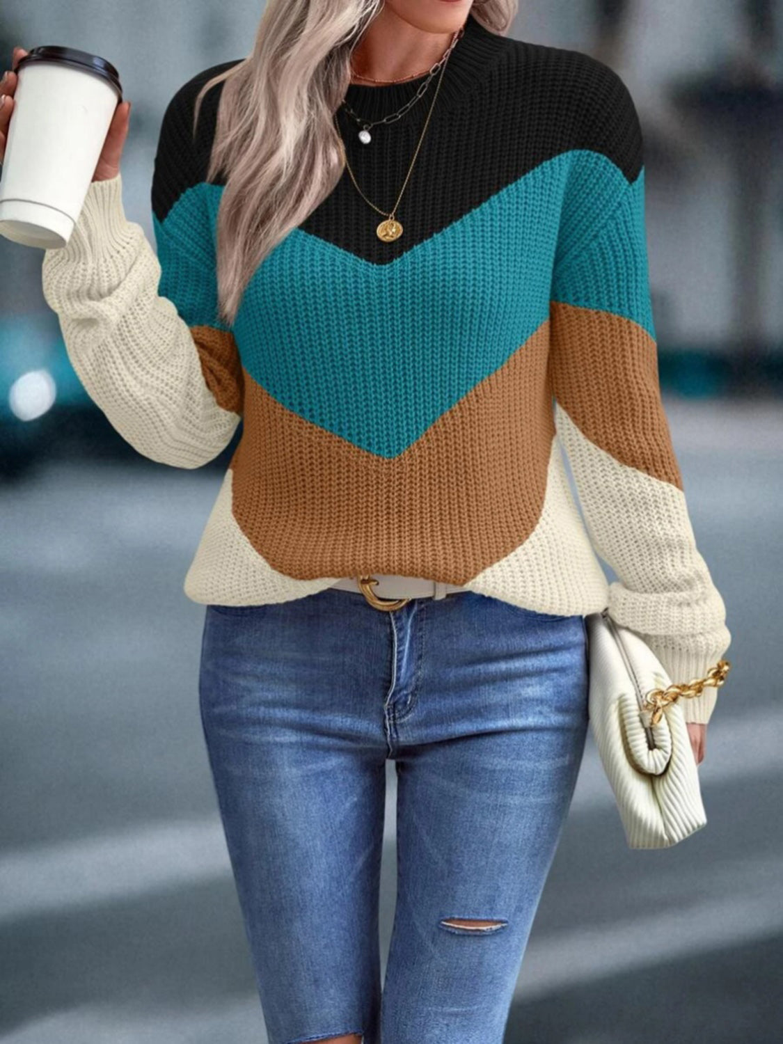 Color Block Round Neck Dropped Shoulder Sweater