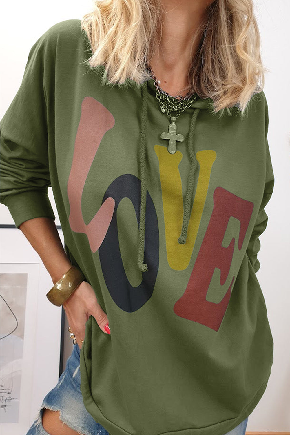 LOVE Drawstring Dropped Shoulder Hoodie