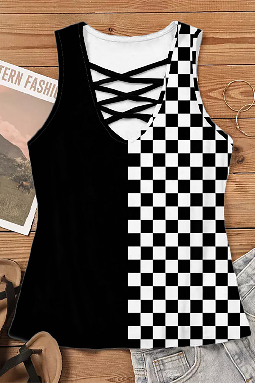 Crisscross Checkered Wide Strap Tank